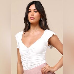 Lulu's White Ruched Bodysuit with Ruffle Sleeves